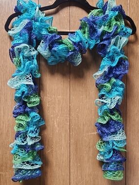 Ruffled Crochet Scarf in Teal, Blue & Green About 65in Lenght